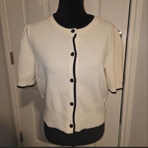 Cream Short Sleeve Cardigan with Black Trim